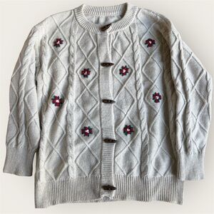 Cozy Floral Embroidered Cable Knit Cardigan Sweater wooden toggles medium (?)
